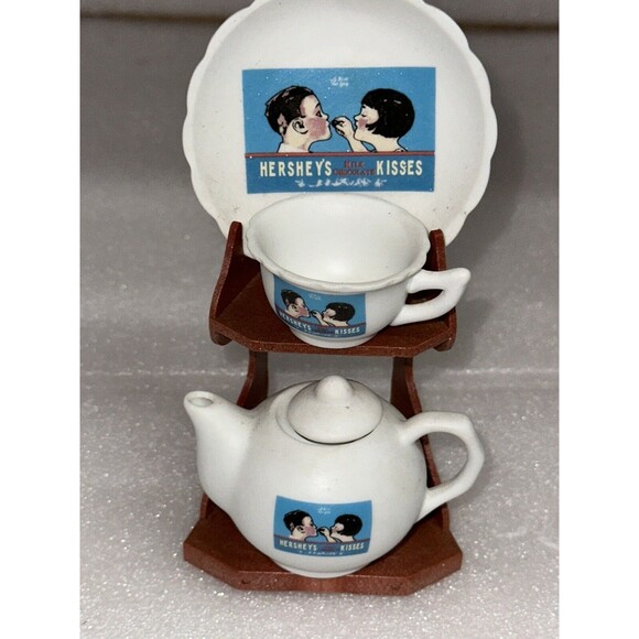 Vtg Hershey's Kisses 3 Piece Mini Tea Set W/Stand Teapot Cup & Saucer Porcelain - Picture 1 of 7